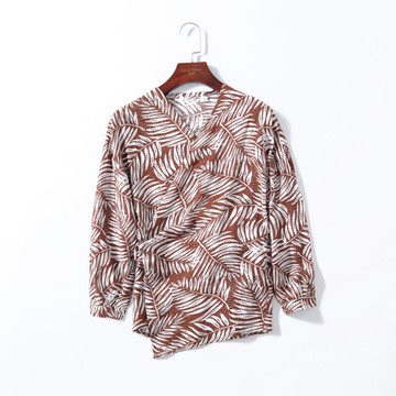 秋季女裝時尚清新印花氣質V領落肩袖一片式高腰系帶顯瘦襯衫