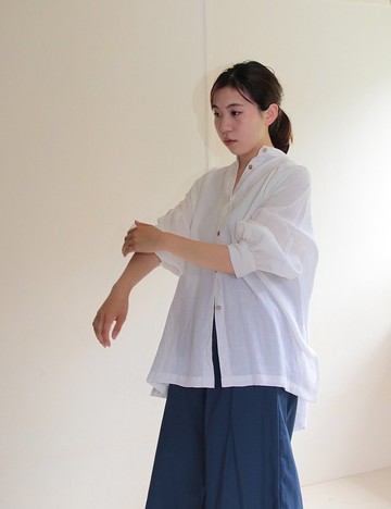 氣球袖亞麻襯衫灰白色