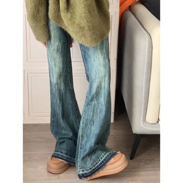 美式復古微喇牛仔褲女秋冬加絨大碼胖mm設計感遮胯喇叭拖地馬蹄褲