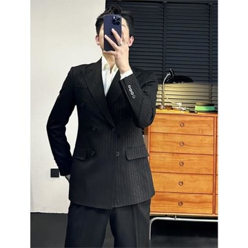 紳士法式大翻領漸變條紋西裝套裝英倫商務正裝修身休閑主持西服潮