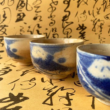 日本 富士山青花瓷杯組 │昭和時代 冰裂紋 開片 瓷器 收藏 老物