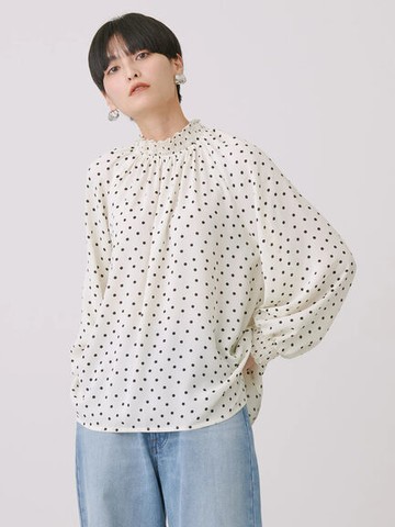 素面/點點縮褶領口抓褶緞面襯衫(HA41L0A0500) - AMERICAN HOLIC