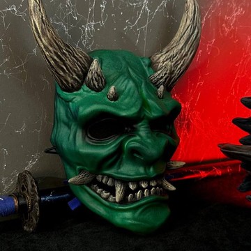 綠色恐怖鬼面具，鬼面具，日本惡魔角色扮演，惡魔面具