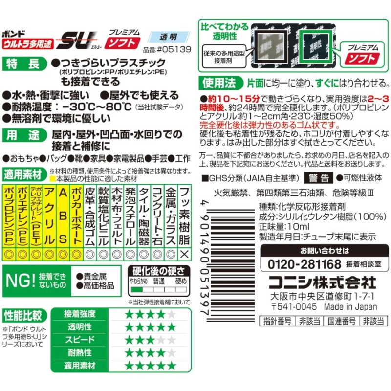 送料無料/新品 コニシ ボンド ウルトラ多用途ＳＵ<br>プレミアムソフト クリヤー １０ｍｌ #05139