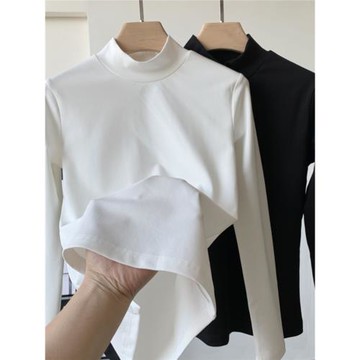 半高領純棉打底衫女設計感秋冬季外穿內搭疊穿長袖小立領t恤上衣
