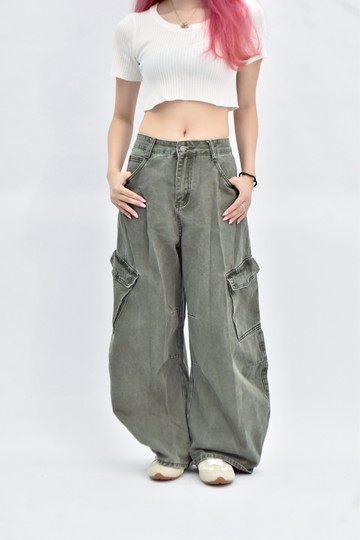 (M) jeans 高腰工裝綠色長褲