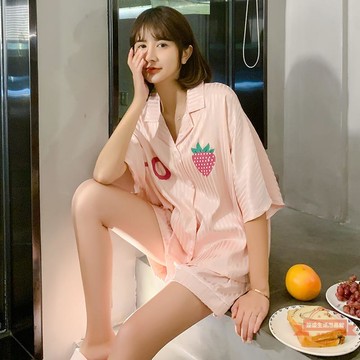 睡衣女夏季冰絲薄款短袖可愛開衫韓版性感甜美套裝夏天絲綢家居服