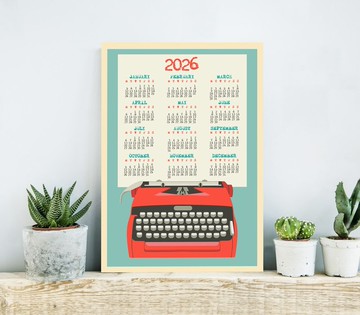 大型月曆 2026，復古打字機風格紅色月曆，適用於辦公室、廚房