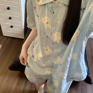 DUYI~夢詩 睡衣女日系卡通甜美藍波點小兔夏季新款短袖短褲可外穿家居服套裝