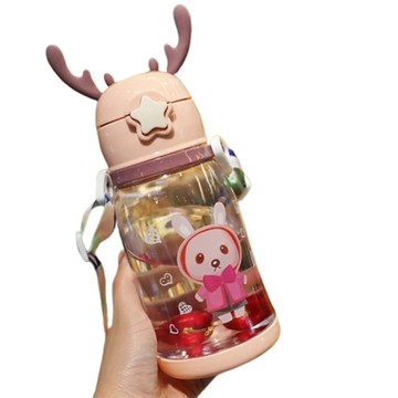 CS22 北歐鹿角造型彈蓋吸管水壺600ml/附背帶(2個/入)-2入