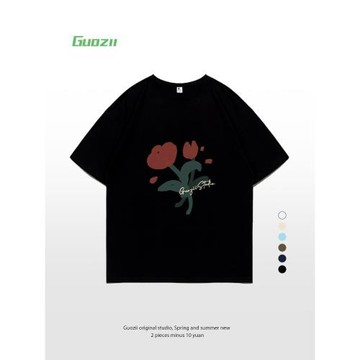Guozii黑色純棉正肩短袖t恤女男獨特設計感花朵印花純棉寬松上衣