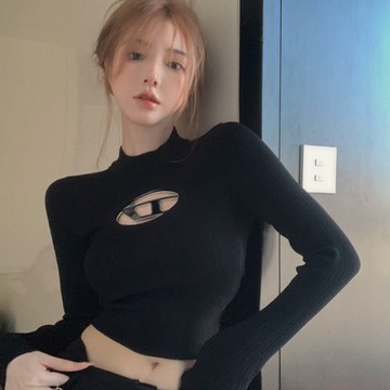 設計感鏤空針織衫女韓版辣妹緊身高街短版長袖上衣