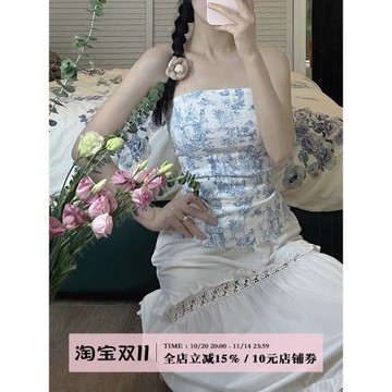 sorozien芍子原創設計復古印花彈力抹胸上衣女百搭打底小背心裹胸