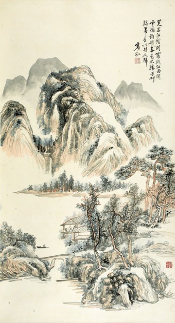 名畫藝術客廳書房臥室懸掛裝飾畫黃賓虹芙蓉江館30x55山水畫國畫