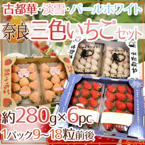 奈良県産 ”いちご三色 3箱セット” 2pc（1pcあたり9〜18粒前後 約280g）×3箱 古都華・淡雪・パールホワイト 送料無料