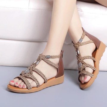 夏季涼鞋女真皮平底平跟編織波西米亞包跟舒適軟底大碼媽媽涼鞋