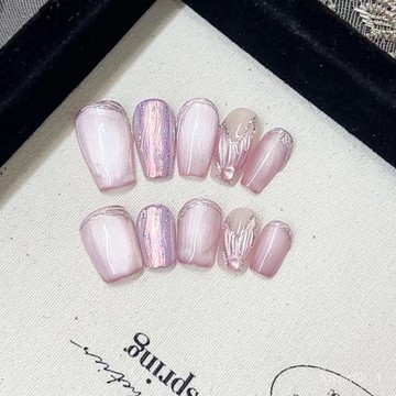 🥰可可新品🥰美甲純手工光療穿戴甲粉貓眼雲水間原批髮成品重複使用美甲可拆卸手工穿戴甲高級感穿戴甲新年穿戴甲顯白美甲片 E3