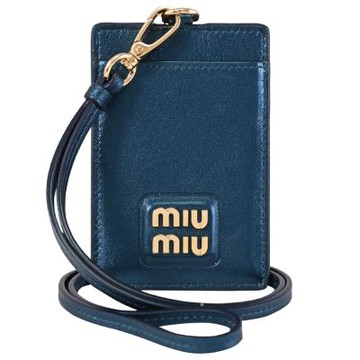 MIU MIU 經典金屬LOGO頸掛式證件夾(金屬藍)