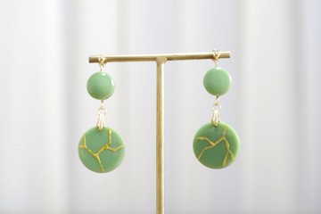 樹脂藝術 仿金繼風格圓形耳環・莫斯綠