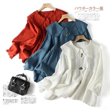 凜美日系大翻領亞麻秋季新款襯衫寬松大碼復古減齡大下擺可愛上衣