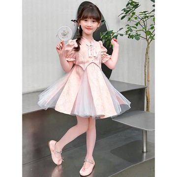 夏裝新中式公主裙女大童連衣裙2024中國風漢服裙女孩洋氣網紗裙子
