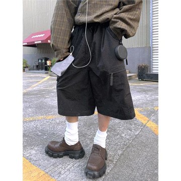 Aurocean 百穿不厭黑色尼龍短褲 復古撞色明線機能戶外速干六分褲