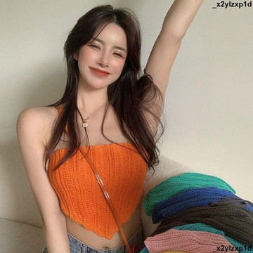 【核心賣點】女上衣 抹胸背心 顯瘦 平口背心 辣妹 三角巾肚兜式 橙色吊帶 設計感 針織 露肚臍 高腰 短款上衣 吊帶上