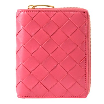 BOTTEGA VENETA 經典編織小羊皮零錢短夾.莓粉