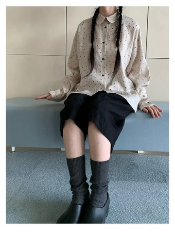 寬松休閒原麻色波點印花水洗亞麻長袖襯衫
