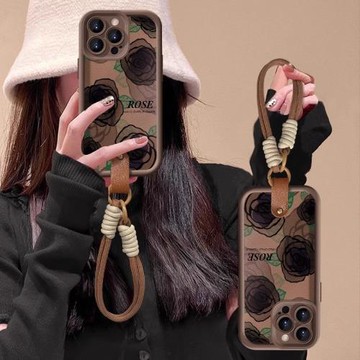 適用蘋果16plus手機殼高級感小眾15pormax女款防摔iPhone13硅膠全包14pro保護套秋冬新款x帶掛繩復古玫瑰花