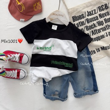 🌈✨mix1001❤️台灣製賽車格黑白拼色上衣✨兒童字母黑白色調上衣 5-17