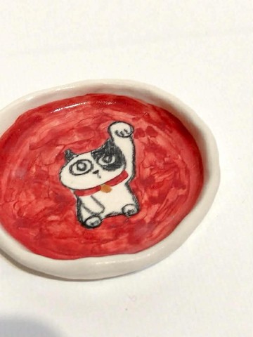 紅色招財貓 小碟 飾品盤 香錐