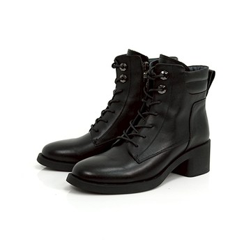 知性簡約百搭繫帶粗跟短靴-黑