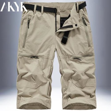 夏季速干七分褲男寬松直筒薄款透氣彈力戶外休閑運動冰絲工裝短褲