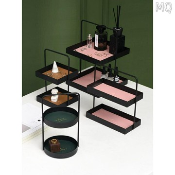 全新 北歐風ins鐵藝皮革雙層托盤??首飾化妝品收納架?? 家居擺件桌面梳妝臺置物架首飾展示置物裝飾品
