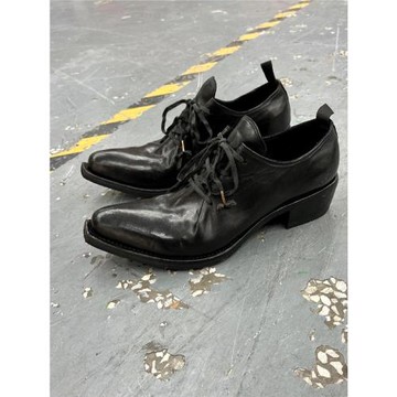 男女同款固特異翹頭粗跟尖頭巫師鞋水洗皮復古暗黑單鞋系帶小皮鞋