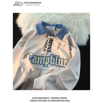 日系復古綁帶撞色POLO領字母刺繡長袖衛衣男女寬松情侶裝百搭上衣