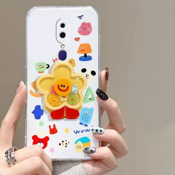 適用于OPPOA9手機殼笑臉花朵OPPOA9X女款搖搖樂支架防摔少女心創意可愛卡通ins風全包透明硅膠軟殼保護套
