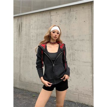 珍珍很懶 美式復古修身毛衣顯瘦內搭紅色格子辣妹連帽外套秋季潮