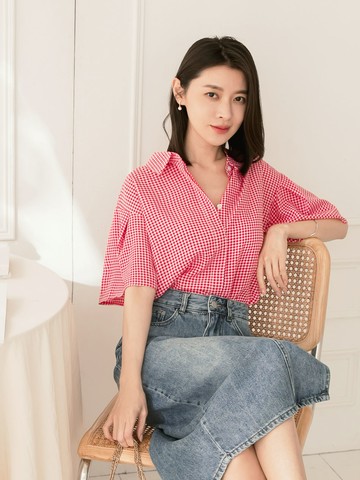 打褶寬袖修身格紋襯衫上衣