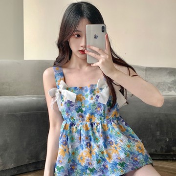 法式復古碎花蝴蝶結吊帶背心女夏季外穿修身顯瘦減齡無袖短款上衣