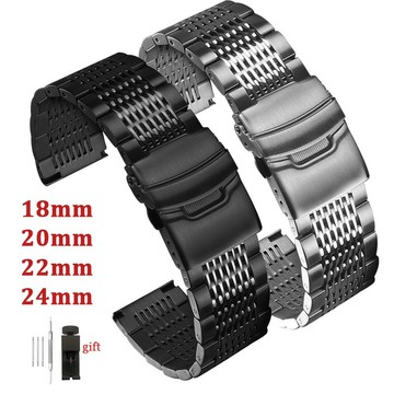 SEIKO 18 毫米 20 毫米 22 毫米 24 毫米實心不銹鋼錶帶適用於精工豪華金屬折疊扣銀黑色手鍊男士女士腕帶勞