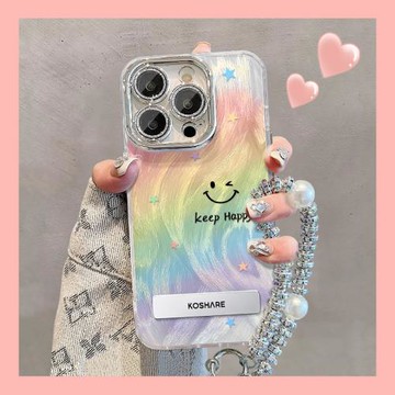 適用蘋果15promax手機殼新女款iPhone16羽紗13彩虹微笑支架14pro手鏈15plus自帶鏡頭膜12pro夏創意11防摔全包
