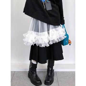 韓系白色高腰多層木耳邊微透半身網紗裙新款高級感疊穿a字中長裙