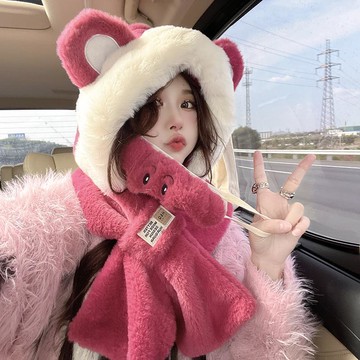 可愛小熊帽子女圍巾圍脖一體冬季護耳罩雷鋒帽毛絨騎車保暖滑雪帽
