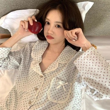 可可裡🌺甜美蕾絲花邊翻領睡衣少女宿舍寬鬆舒適可外穿碎花長袖長褲家居服