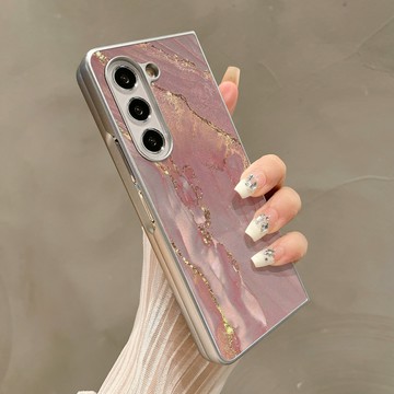 免運~適用三星GalaxyZFold6手機殼折疊屏保護套銀色粉色系鎏金大理石粉油邊zfold543高檔折疊