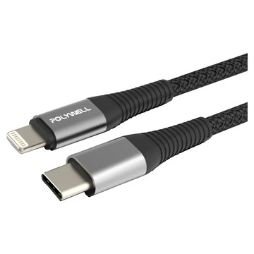 POLYWELL 寶利威爾 Type-C Lightning 蘋果PD快充編織線 iPhone PW15-W45-A286  灰色  1條  2m