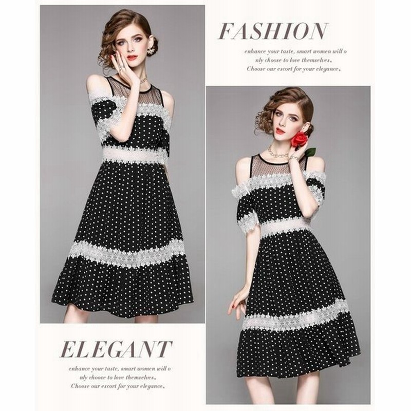 デコルテワンピースオフショルワンピースドット柄ワンピースレースアップパーティードレスドット柄ドレス 通販 Lineポイント最大get Lineショッピング