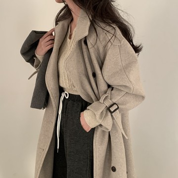 燕麥色外套 雙排扣繫帶毛呢外套女 加厚中長版大衣女 保暖大衣外套 高個子毛呢大衣 韓版外套 韓國女裝 冬天外套